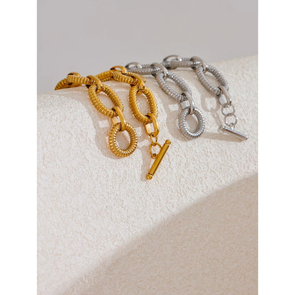 316L Stainless Steel Metal Texture Oval Chain Bracelet Bangle Men Women 18K PVD Plated Toggle-Clasps Statement Jewelry