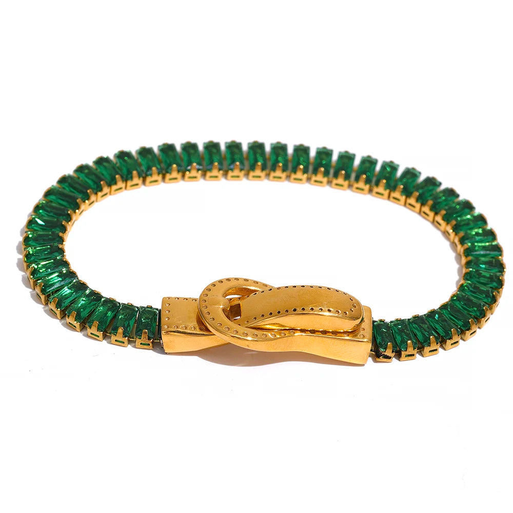 Luxury Colorful Cubic Zirconia Stainless Steel Belt Buckle Bracelet Bangle Bling Stylish Unique Waterproof Fashion Jewelry