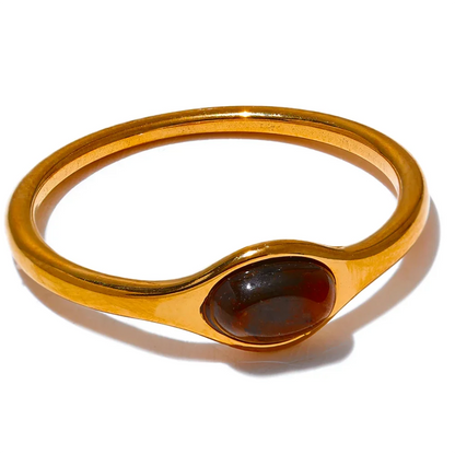 Fashion Natural Stone Stainless Steel Oval Thin Chic Ring Women 18K PVD Plated Waterproof Jewelry Accessories Gift