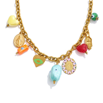 Trendy Stainless Steel Ceramic Eye Heart Charms Pendant Drop Necklace Golden PVD Plated Fashion Collar Charm Jewelry Gift