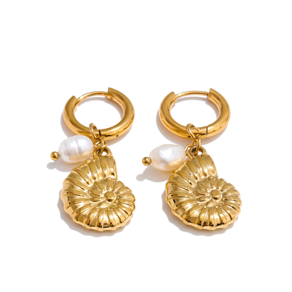 Ocean Style Natural Pearl Conch Shell Starfish Drop Summer Hoop Earrings for Women Stainless Steel Holiday Daily Jewelry