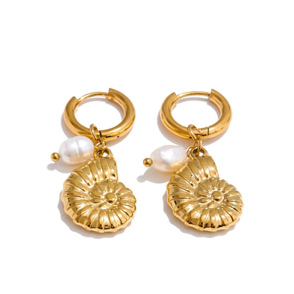 Ocean Style Natural Pearl Conch Shell Starfish Drop Summer Hoop Earrings for Women Stainless Steel Holiday Daily Jewelry