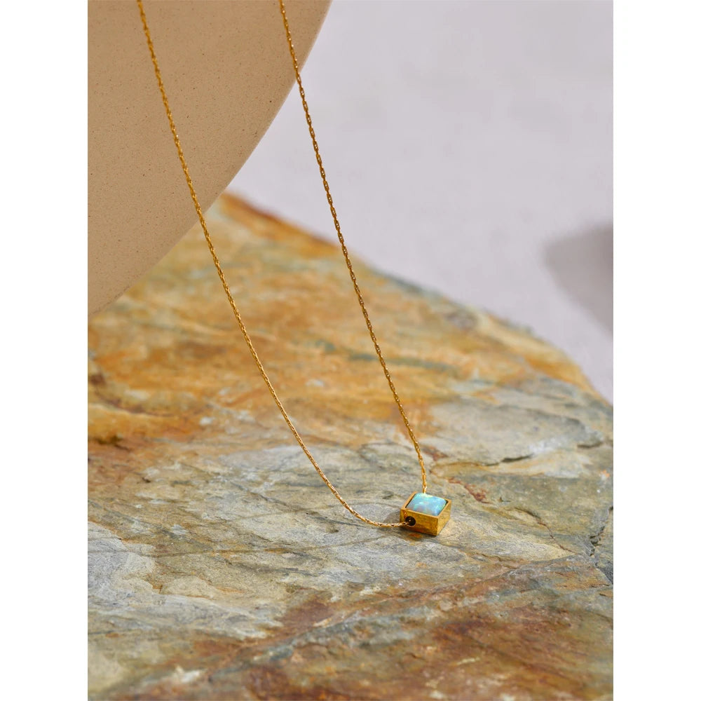 Delicate Stainless Steel Square Natural Opal Stone Pendant Necklace Chain Stylish Dainty Golden Collar Chic Jewelry Gift