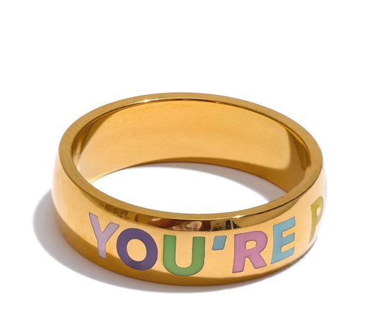 6789# Stainless Steel “You‘Re Perfect” Confident Fashion Ring for Women 18K Gold PVD Plated Minimalist Finger Jewelry Gift