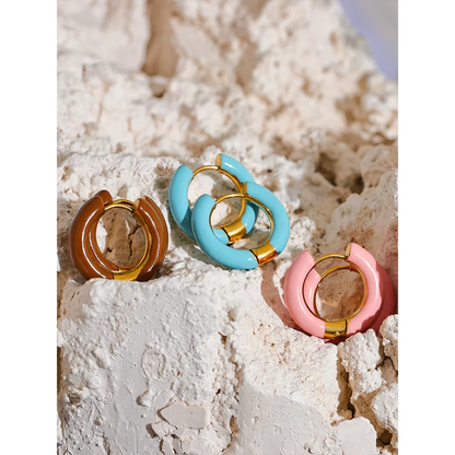 20mm Candy Color Blue Pink Brown Enamel Stainless Steel Hollow Hoop Earrings Golden Simple Trendy Y2K Sweet Jewelry Gift