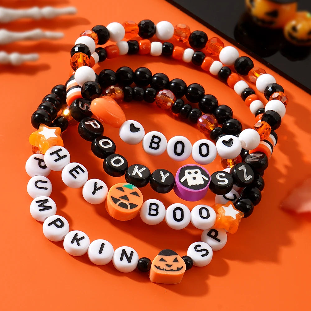 Vibrant Halloween Pumpkin Ghost Handmade Clay Bead Crystal Bracelet - Unique Party Suitable