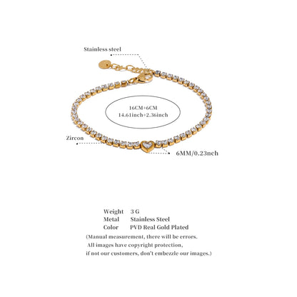 Delicate Bling Cubic Zirconia Heart Chain Bracelet Bangle Exquisite Stainless Steel Shiny Waterproof Wrist Jewelry Gift