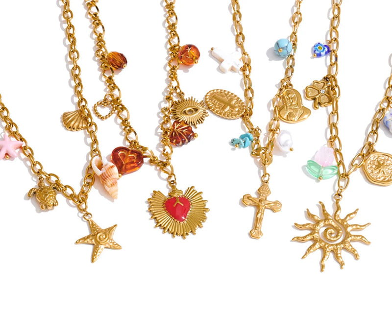 Trendy Sun Ocean Charm Pendant Handmade Jewelry Golden Waterproof PVD Plated Stainless Steel Summer Jewelry 2025 Wholesale