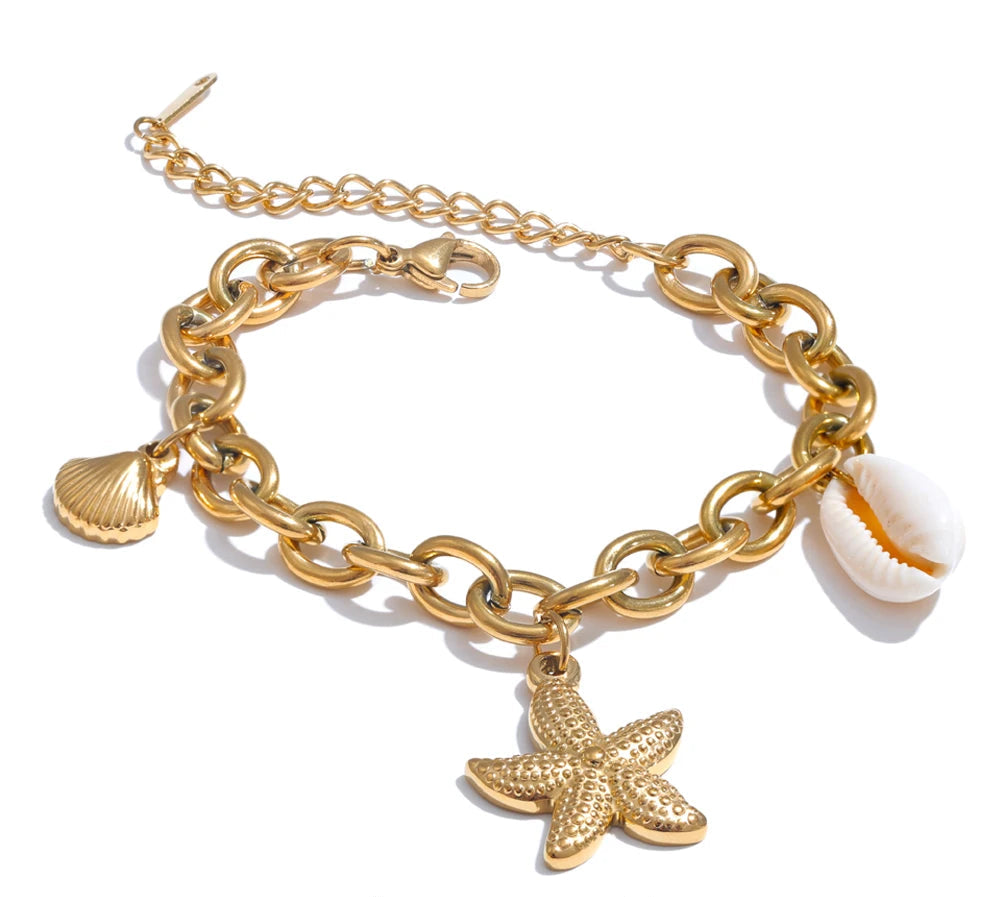 Stainless Steel 18K Gold PVD Plated Metal Chain Waterproof Ocean Pendant Charm Starfish Shell Accessories Holiday Jewelry