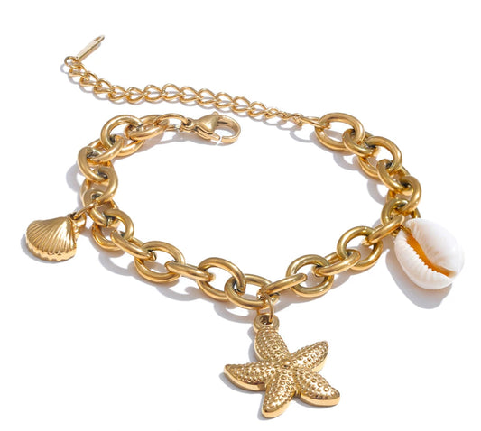 Stainless Steel 18K Gold PVD Plated Metal Chain Waterproof Ocean Pendant Charm Starfish Shell Accessories Holiday Jewelry