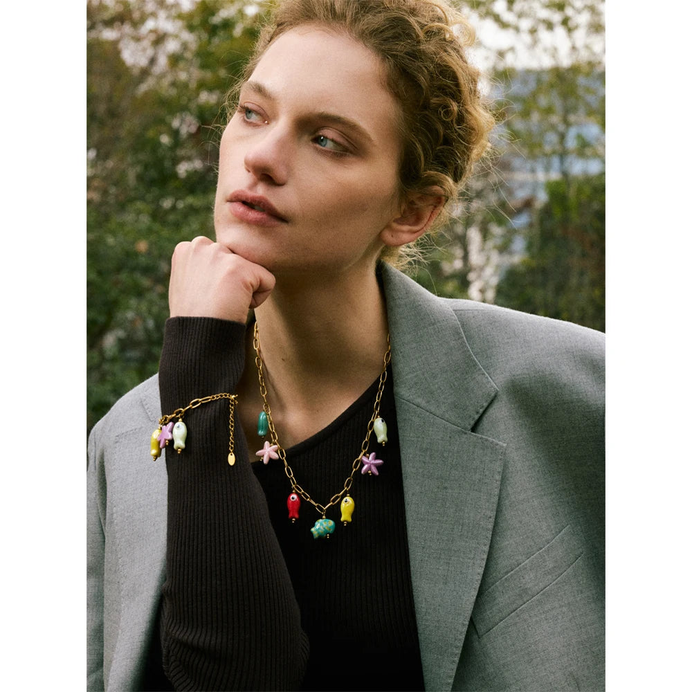 Fashion Stainless Steel Ceramic Starfish Fish Drop Y2K Necklace Bracelet Bangle Tarnish Resistant Popular Cute Jewelry