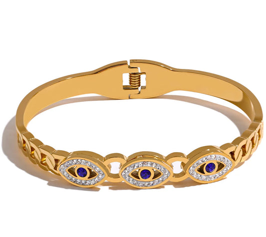 Charm Turkish Evil Eye Stainless Steel Statement Bangle Bracelet Trendy Fashion Zircon Waterproof Gold Color Jewelry