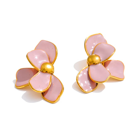 Green Pink Enamel Petal Flower Stud Earrings for Women Stainless Steel Exquisite Spring Summer Daily Trending Jewelry
