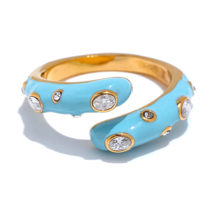Adjustable Candy Y2K Blue White Black Pink Enamel Cubic Zirconia Exquisite Open Ring Golden Stainless Steel Jewelry Gift
