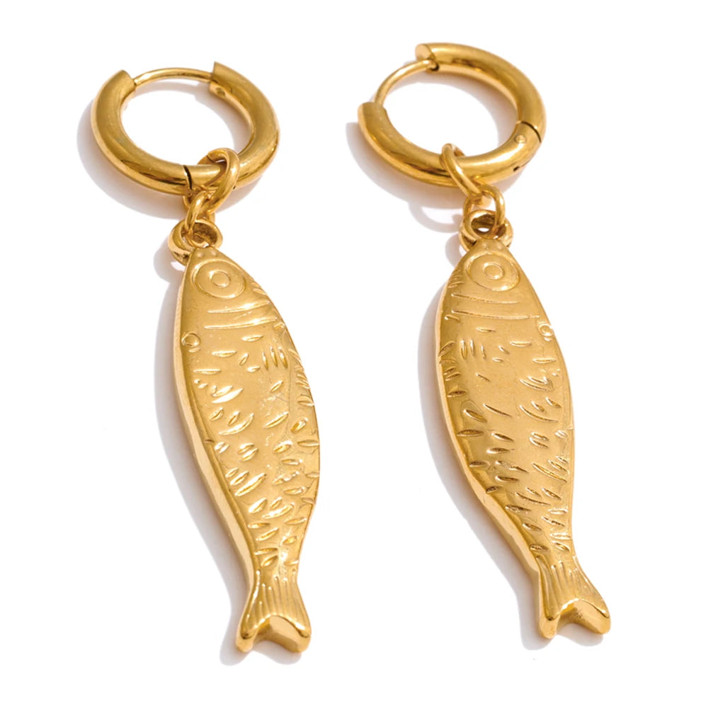 Wholesale Ocean Stainless Steel Metal Fish Pendant Necklace Earrings Rust Proof Golden PVD Plated Trendy Fashion Jewelry