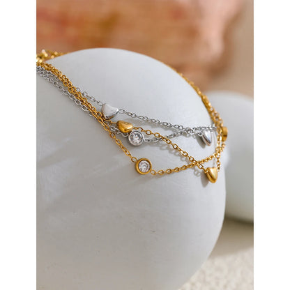 Delicate Chain Heart Zircon Double Layer Stacking Bracelet Bangle Chic Summer Stainless Steel Waterproof Jewelry Gift