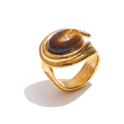 Popular Stainless Steel Natural Tiger Stone Finger Ring Gold Silver Color Waterproof Geometric Charm Jewelry