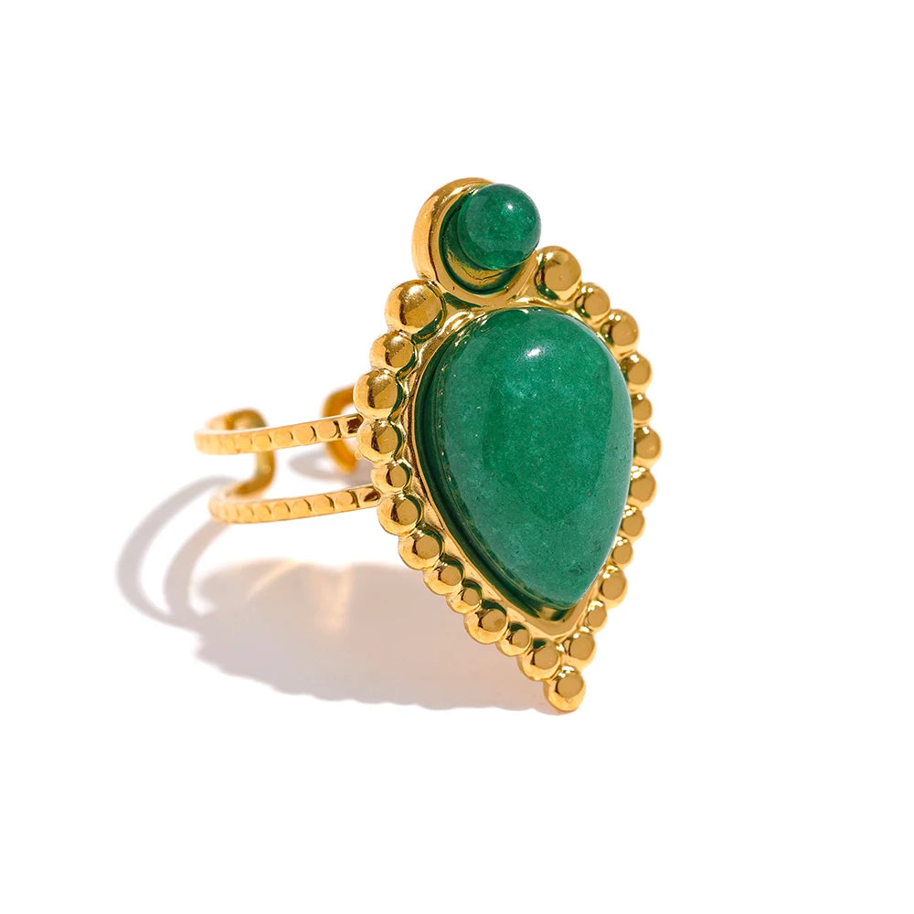 Vintage Natural Stone Artificial Agate Stainless Steel Metal Open Ring 18K Gold Plated Waterproof Fashion Jewelry Women