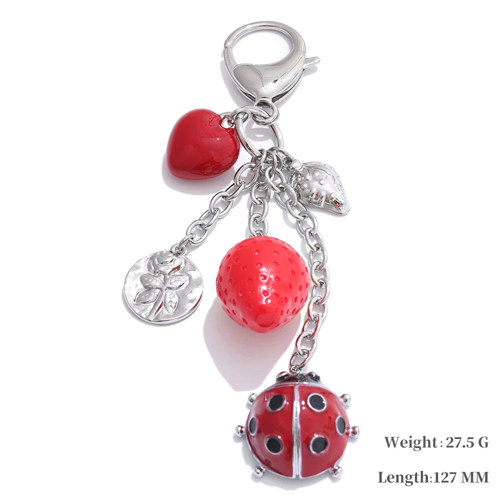 Hot Style Red Enamel Fruit Flower Strawberry Keychain Pendant Car Key Chains Jewelry Gift Decoration Accessories
