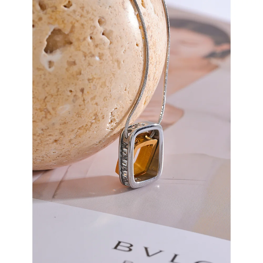 316l Stainless Steel Square Hollow Double Layered Overlay Pendant Necklace Cubic Zirconia Unisex lovers Jewelry Men Women