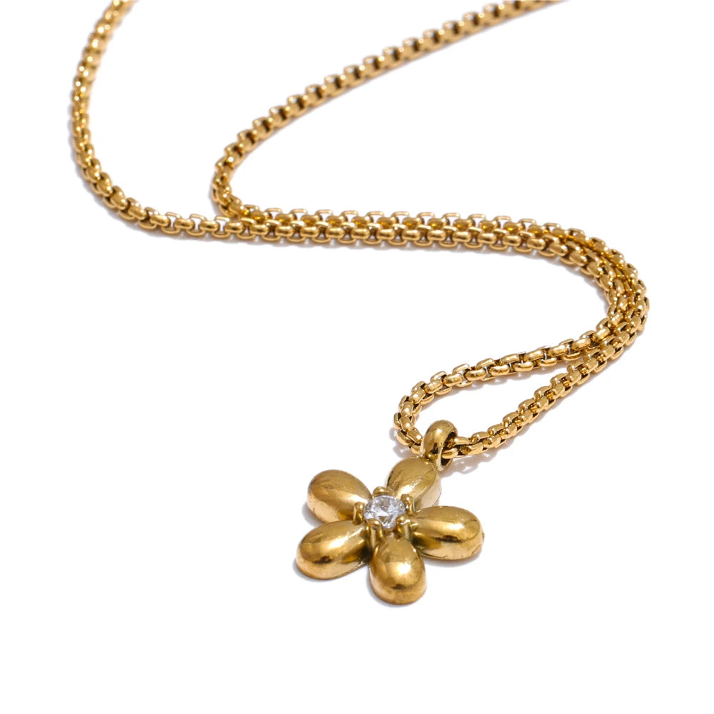 Hot Style Stainless Steel Zirconia Flower Pendant Necklace Bracelet Bangle Earrings 18K Plated Golden Versatile Jewelry