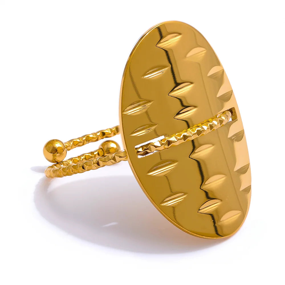 Statement Stainless Steel Geometric Adjustable Big Thin Ring 18K Gold Color Chic Charm Trendy Waterproof Jewelry for Women