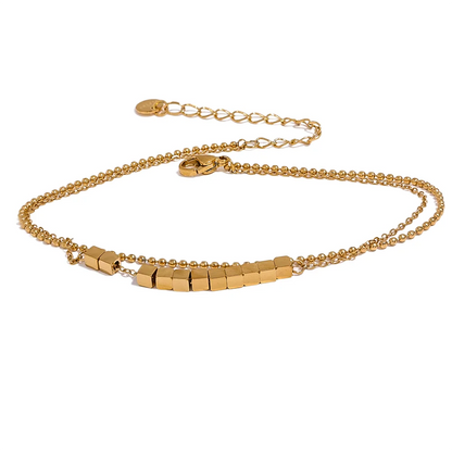 Waterproof Stainless Steel Square Bead Chain Layered Anklet for Women Gold Color Statement Summer Sandy Beach Jewelry