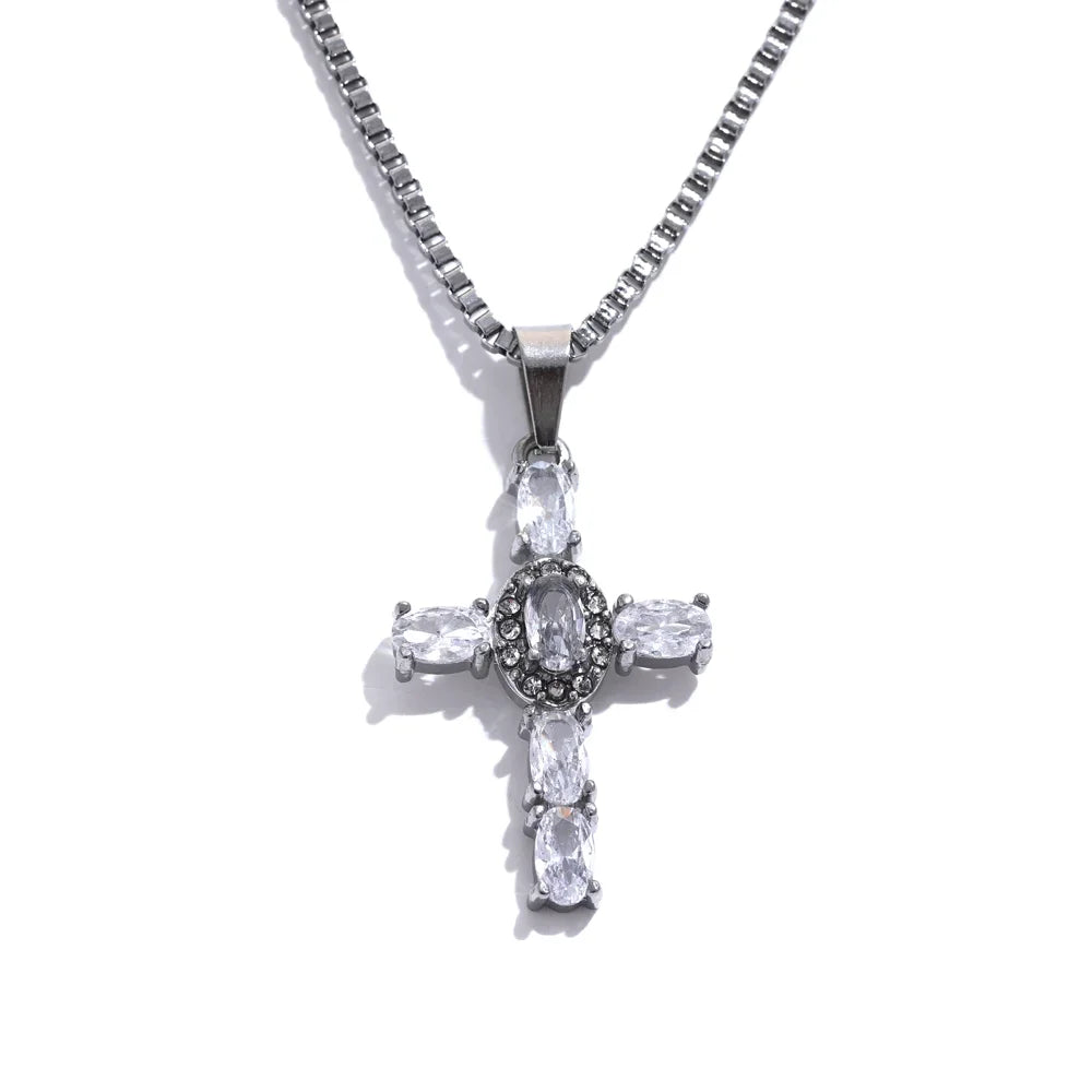 Delicate Colorful Bling Cubic Zirconia Cross Pendant Stainless Steel Luxury Necklace High-Grade Fashion Shiny Jewelry Gift