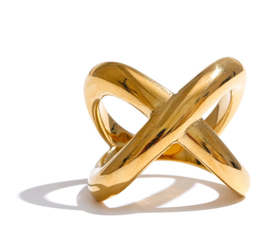 6789# PVD Plated Statement Stainless Steel X-Shape Geometric Finger Ring Waterproof Smooth Metal Handmade Polished Jewelry