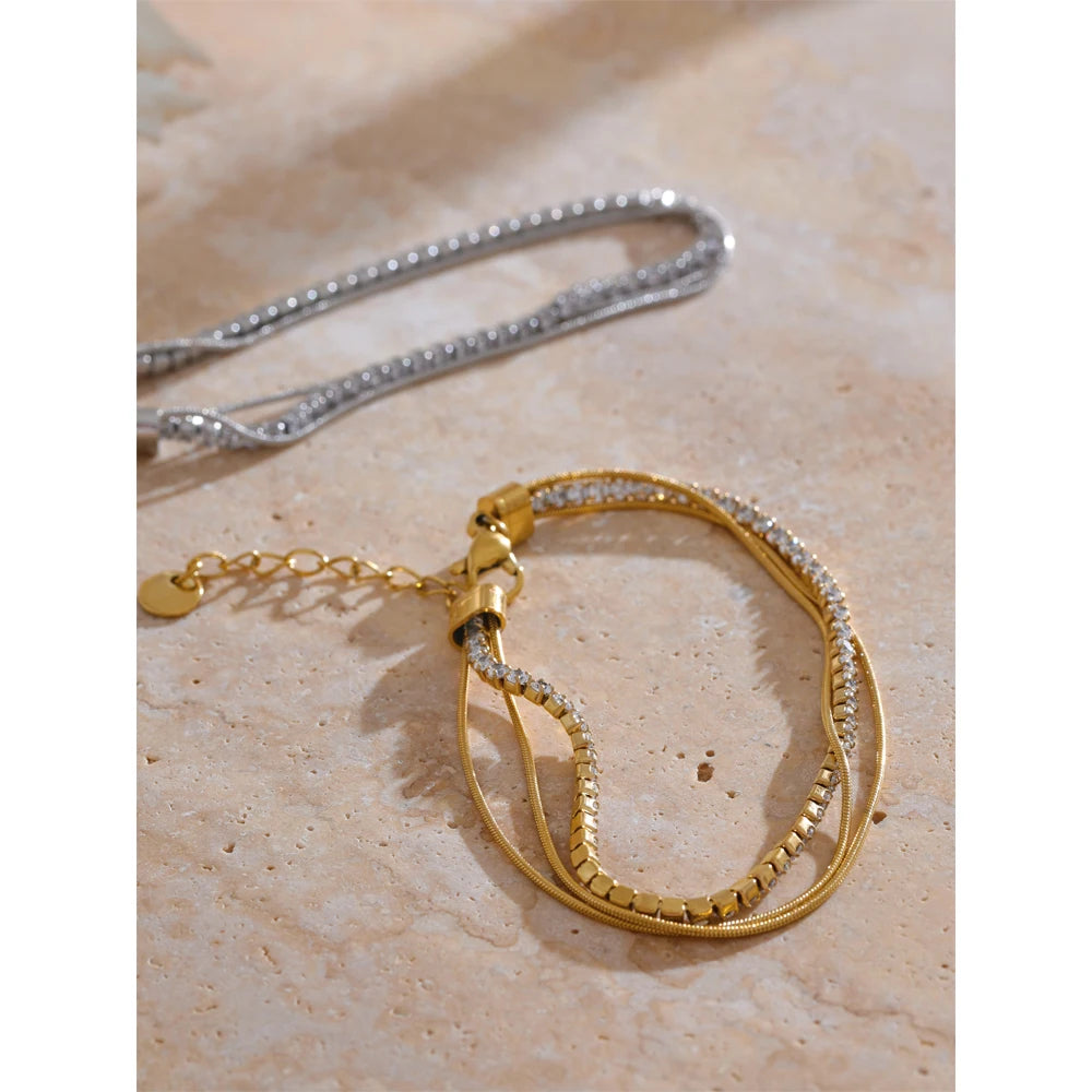 Stainless Steel Shiny Cubic Zirconia Layered Chain Stacking Bracelet Bangle Waterproof Women High Quality Fashion Jewelry