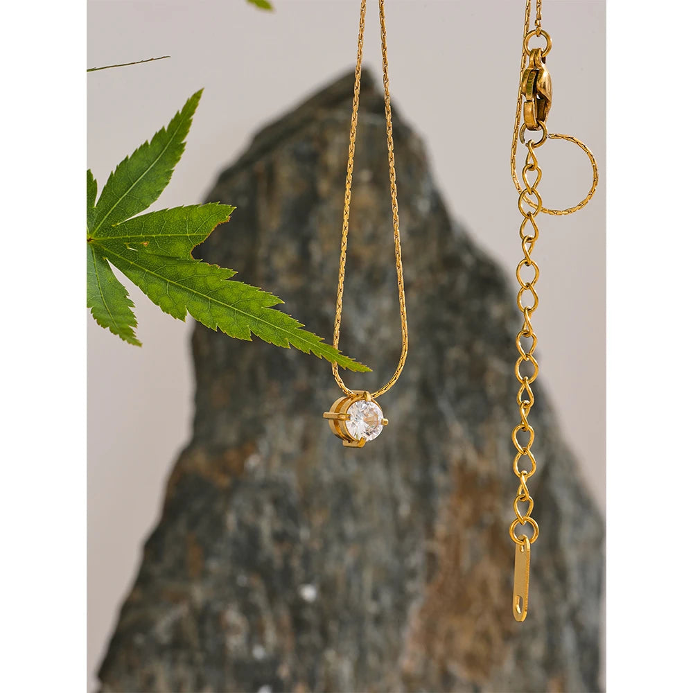 Korean Chic Stainless Steel Shiny Cubic Zirconia Cast Delicate Necklace Pendant for Women Daily Waterproof Basic Jewelry