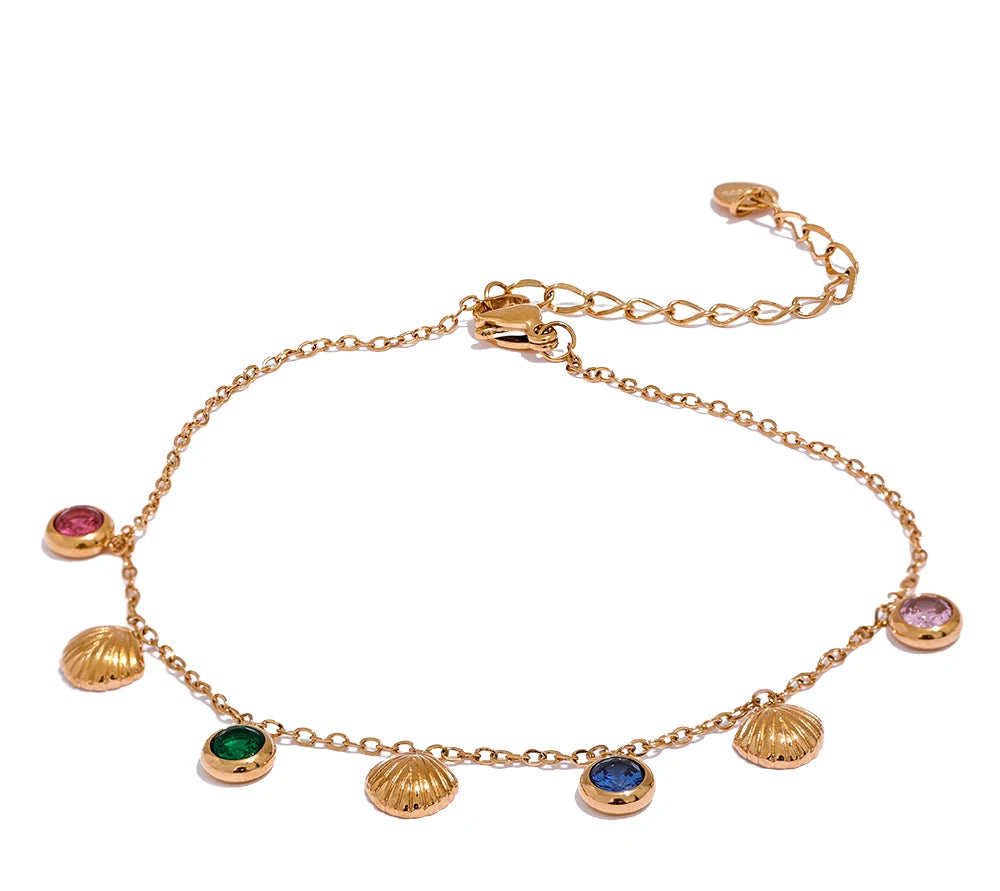 Colorful Shiny Cubic Zirconia Shell Stainless Steel Summer Anklet Fashion Trendy Foot Chain Jewelry for Women Bijoux Femme