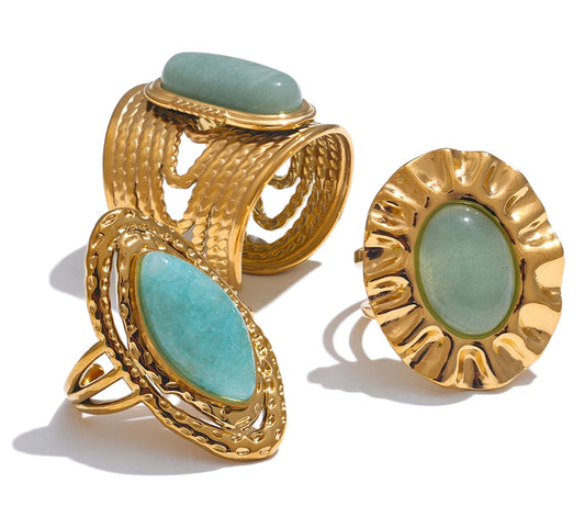 Green Natural Stone Fashion Open Ring Adjustable Stainless Steel Golden Geometric Daily Statement Jewelry Accessories Gift